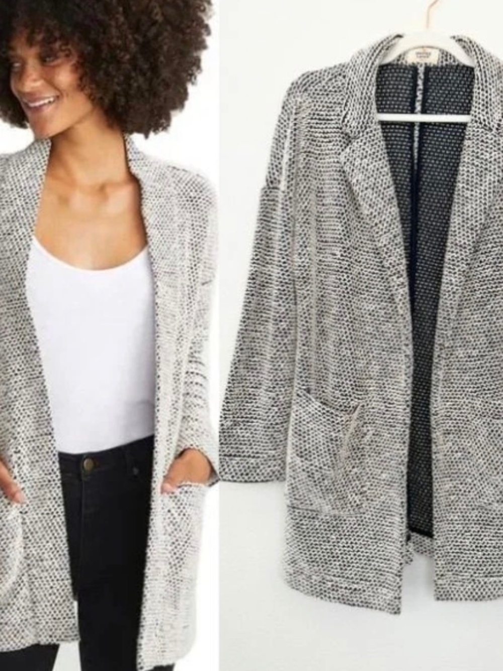 Marine Layer Birdseye Open Front Knit Cardigan Black White
